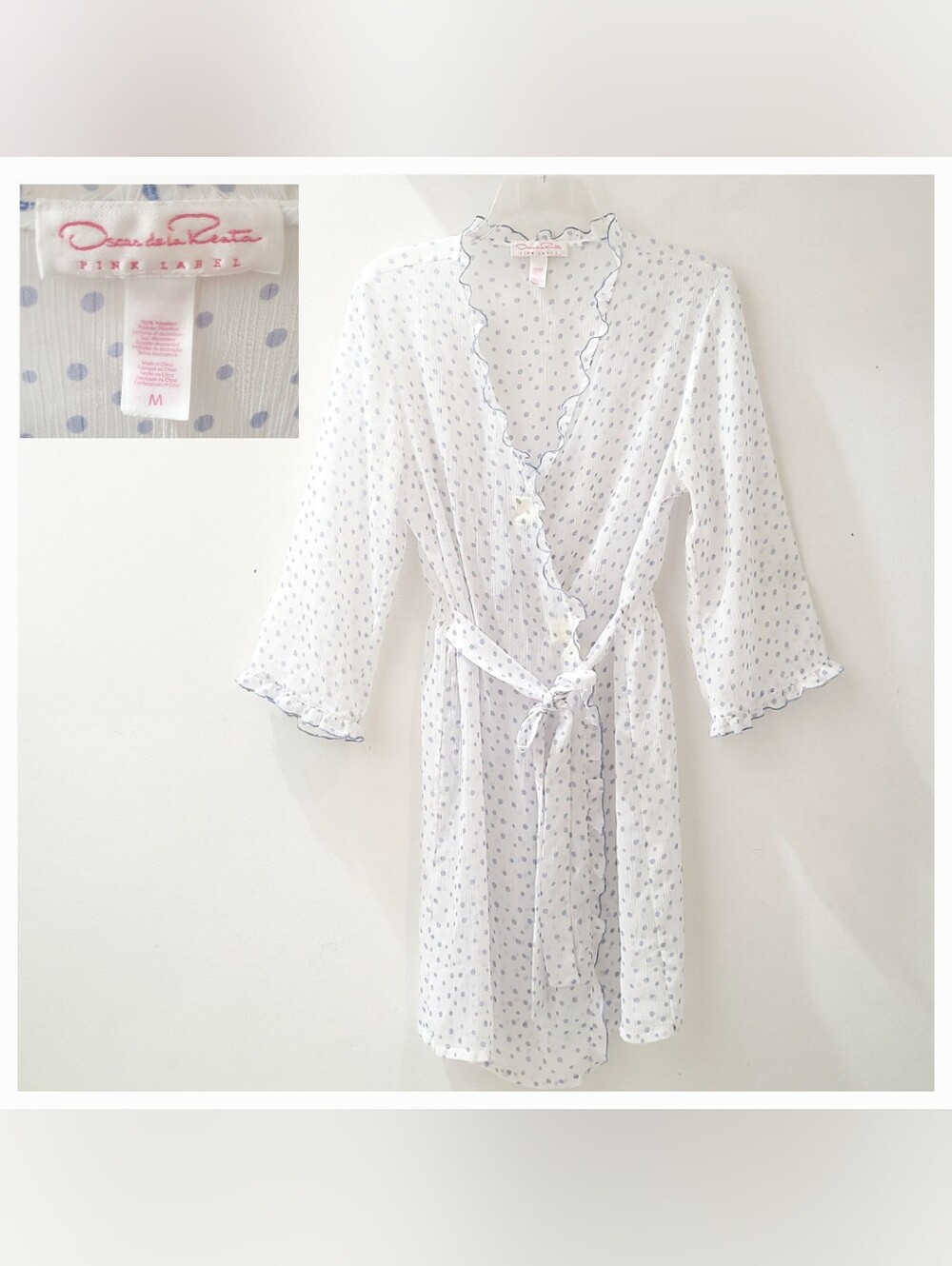 Oscar de la Renta Vintage Chiffon Robe Pink Label Ruffle Trim White/Blue Dot M